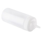 A translucent, 16 oz squeeze bottle with a pointed nozzle cap, commonly used for condiments like ketchup or mustard. The bottle is lying on its side against a plain white background.