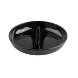 A round, glossy black phenolic ashtray with three deep sections created by raised dividers, designed for serving multiple foods separately. The smooth, reflective interior highlights its versatility—perfect as a dishwasher safe ashtray or serving dish.