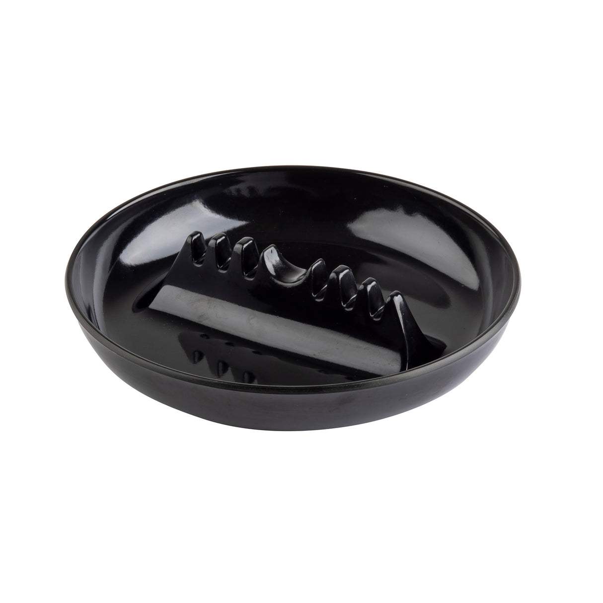 A glossy black ceramic bacon grill tray with a ridged divider holds strips of bacon upright, letting fat drain while cooking in the microwave or oven. This circular tray is dishwasher safe and features slightly raised edges.