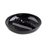 A glossy black ceramic bacon grill tray with a ridged divider holds strips of bacon upright, letting fat drain while cooking in the microwave or oven. This circular tray is dishwasher safe and features slightly raised edges.