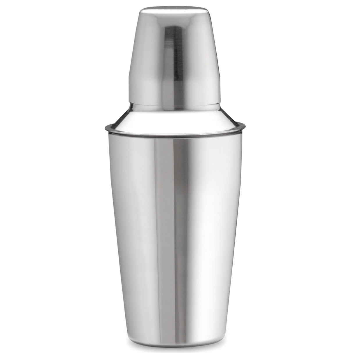 A shiny, 16 oz stainless steel bar shaker with a smooth, cylindrical body and a fitted cap is shown upright against a plain white background. The reflective silver surface features a slightly tapered design toward the bottom.