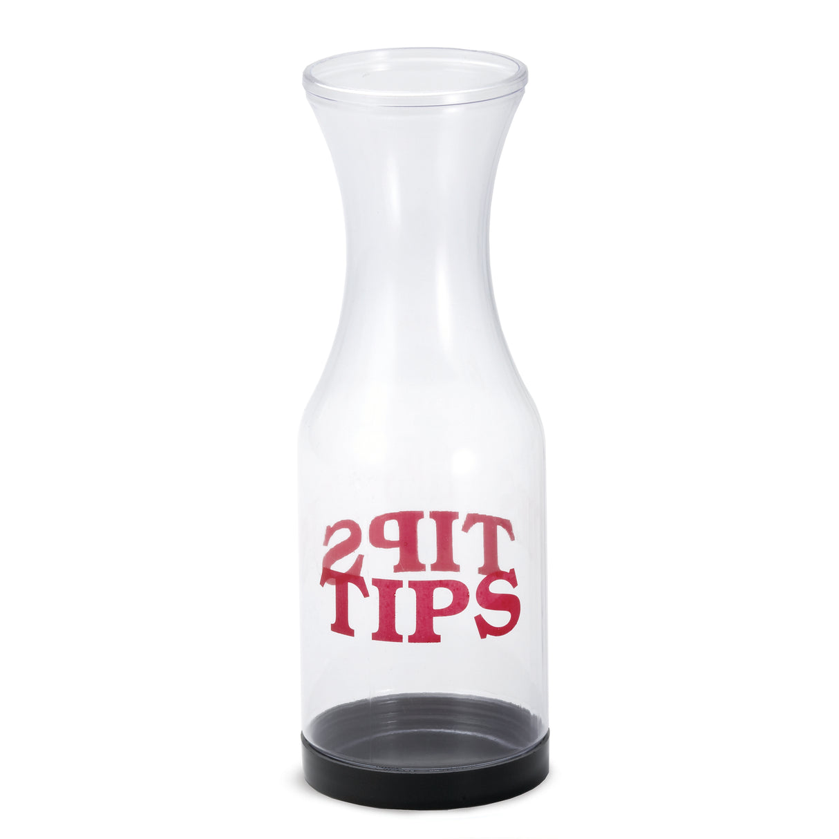 A clear, empty Tip Carafe with a black base sits upright. The word TIPS is printed in bold red letters on the front and mirrored above it for double-sided readability. Made in USA and dishwasher safe for easy cleaning.