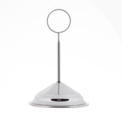 A stainless steel number stand by TableCraft, featuring a shiny conical base and a vertical rod with a circular clip. Photographed against a plain white background, its reflective surface adds sleek elegance to any table setting.