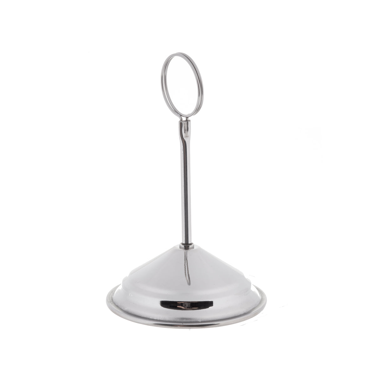 A shiny, stainless steel tabletop card holder with a conical base and a vertical rod ending in a circular loop for holding cards or signs; this TableCraft number stand sits against a plain white background.