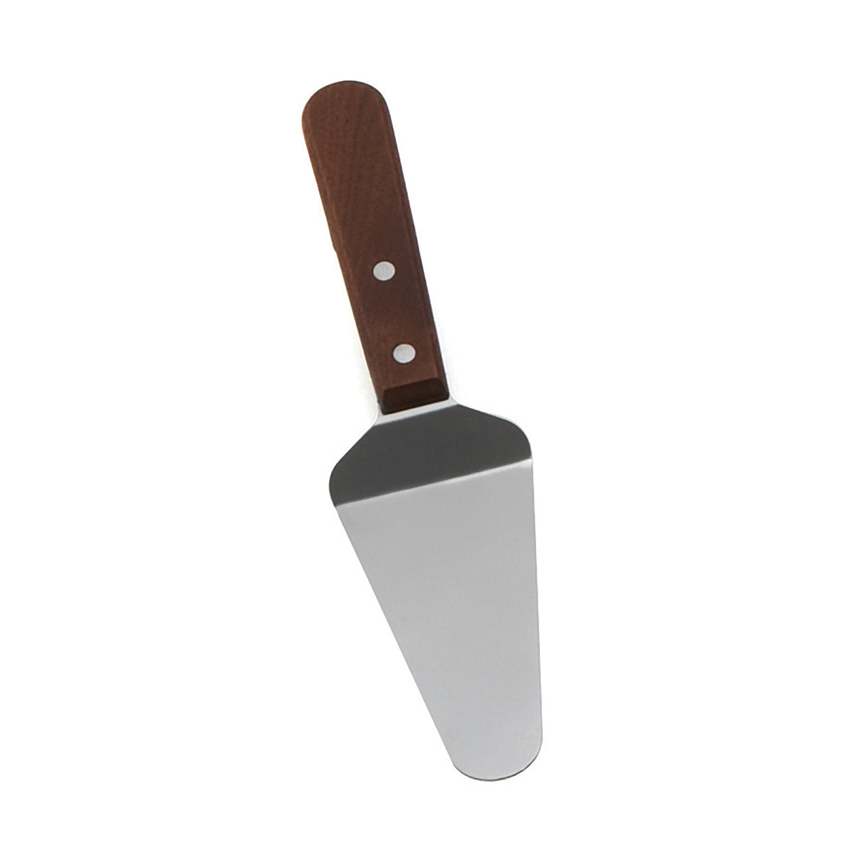 A pie server with a stainless steel blade and a wood handle featuring two silver rivets, displayed on a white background.