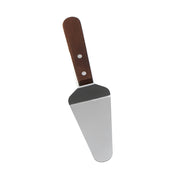 A pie server with a stainless steel blade and a wood handle featuring two silver rivets, displayed on a white background.