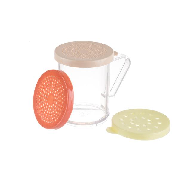 A clear plastic BPA free Dredge/Shaker Set with a handle, featuring three round perforated lids in beige, orange, and pale yellow. One lid tops the dishwasher safe container; the others lean against it on a white background.