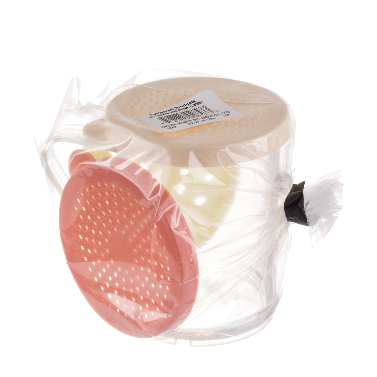 A clear plastic mug with a handle, covered in transparent plastic. Inside are two stackable strainers—one red, one cream-colored—making this BPA free dredge shaker set both practical and dishwasher safe. A white label is attached to the top.