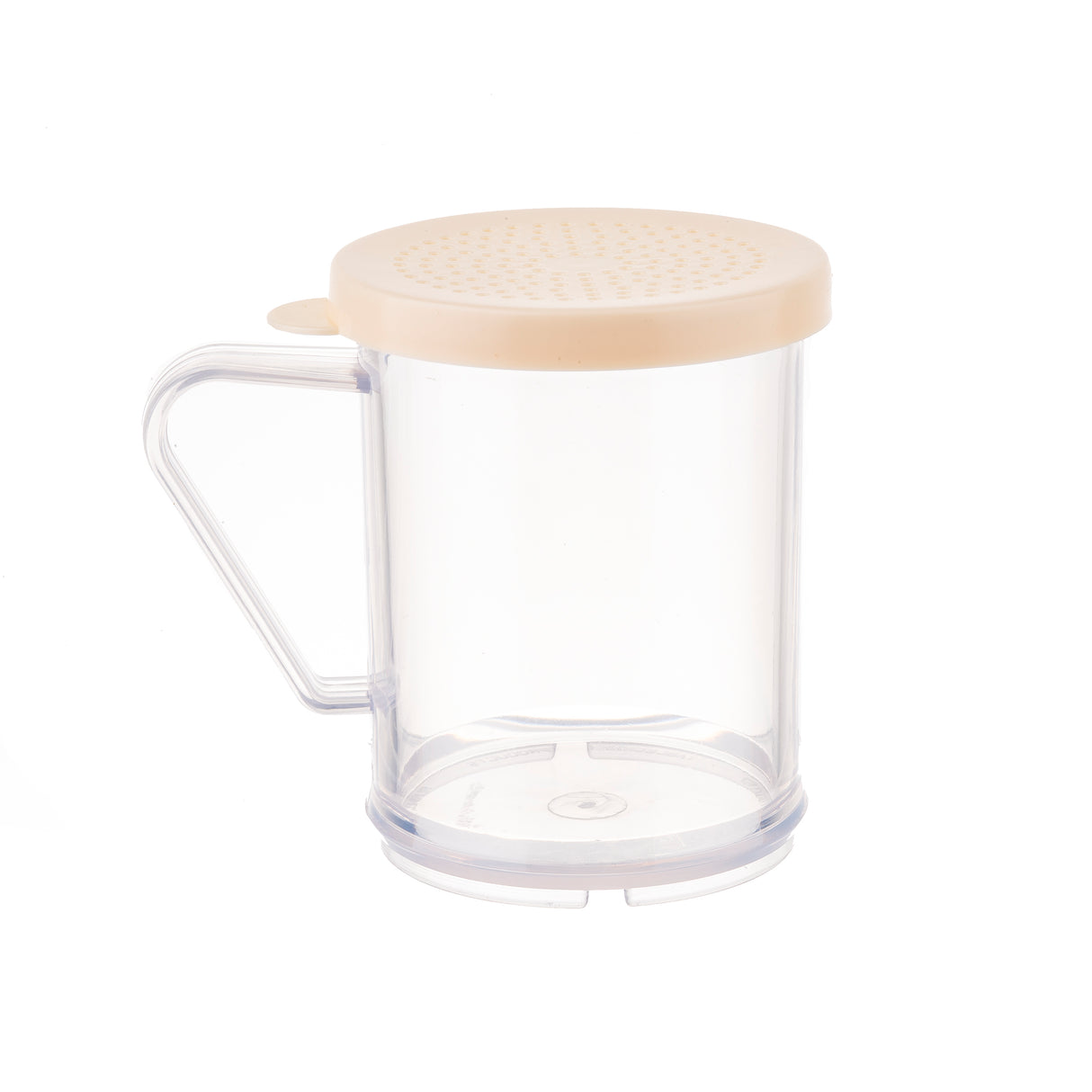 A clear plastic dredge shaker with a handle and a beige perforated lid, designed for sifting or sprinkling dry ingredients. This BPA free, cylindrical container is shown on a plain white background.