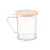 A clear plastic dredge shaker with a handle and a beige perforated lid, designed for sifting or sprinkling dry ingredients. This BPA free, cylindrical container is shown on a plain white background.