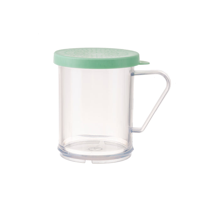 A clear plastic BPA-free dredge shaker with a handle, mint green perforated lid, and flat base. Perfect for fine ground spices, the empty container is photographed against a white background, showcasing all its features.