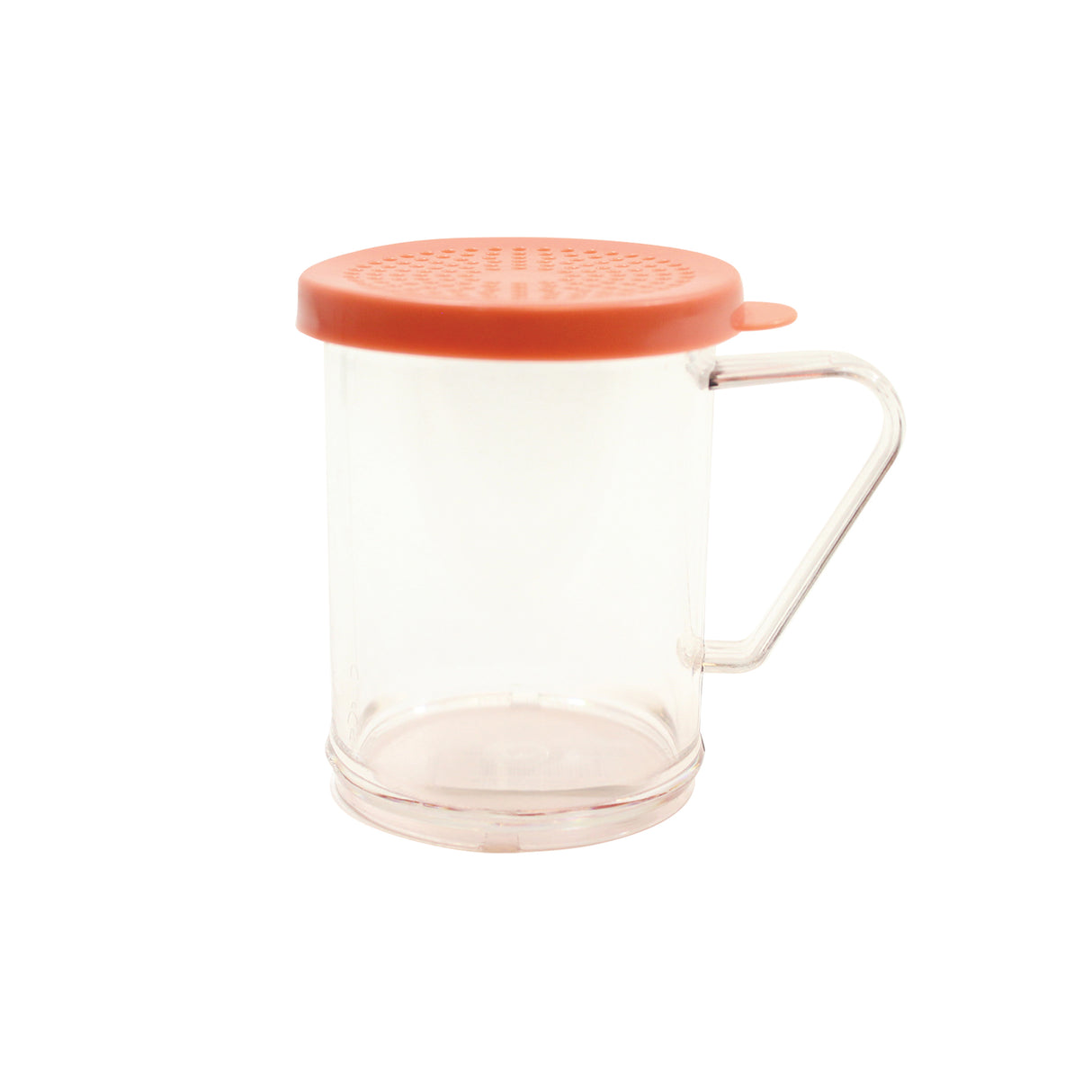 A clear plastic dredge shaker mug with a transparent handle and an orange lid featuring small holes, perfect for dispensing medium ground spices. This BPA free mug has a simple, modern design and is set against a plain white background.