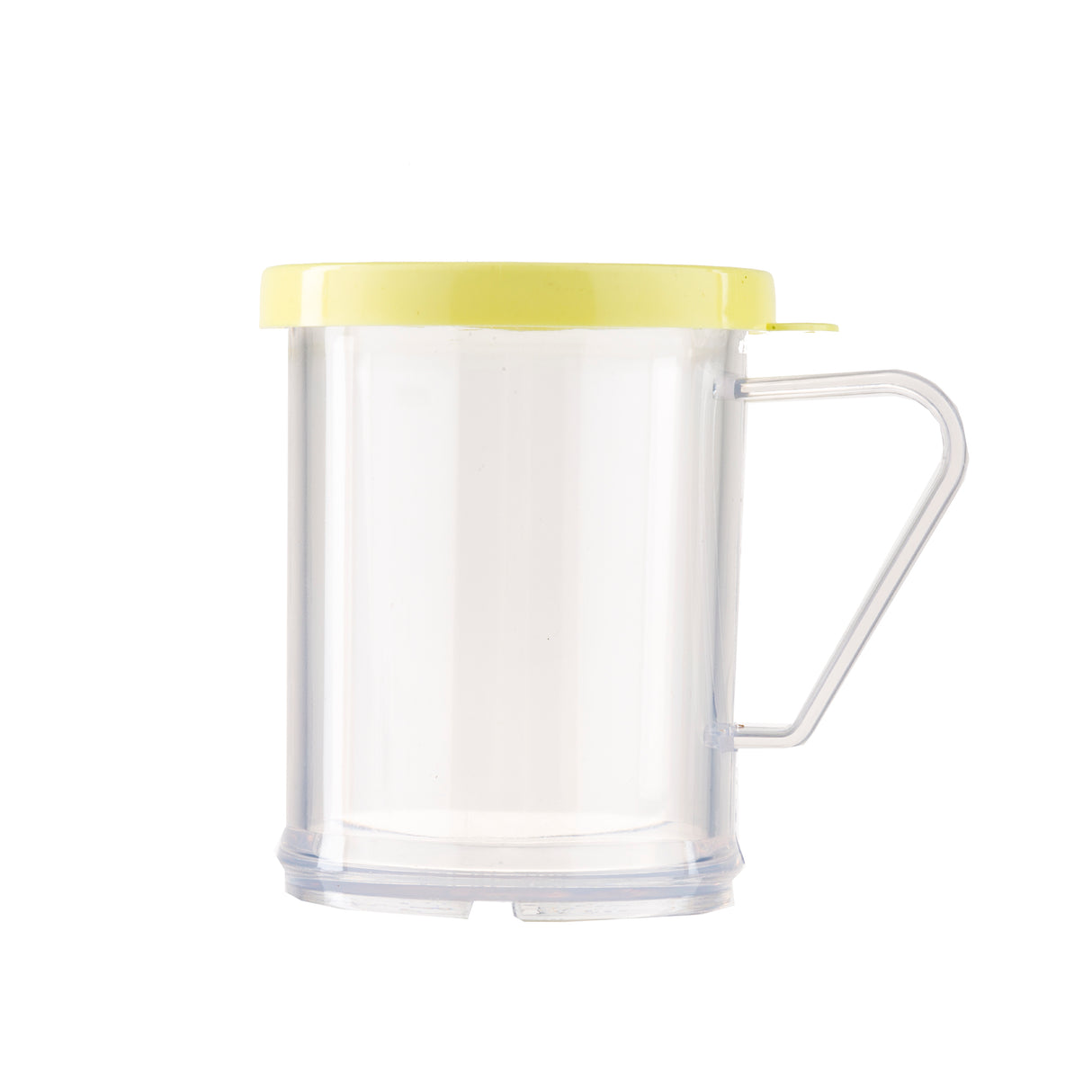 A clear plastic cheese shaker with a transparent handle and a pale yellow lid sits upright on a white background. This BPA free, cylindrical container is empty, featuring a flat base and a simple, functional design.
