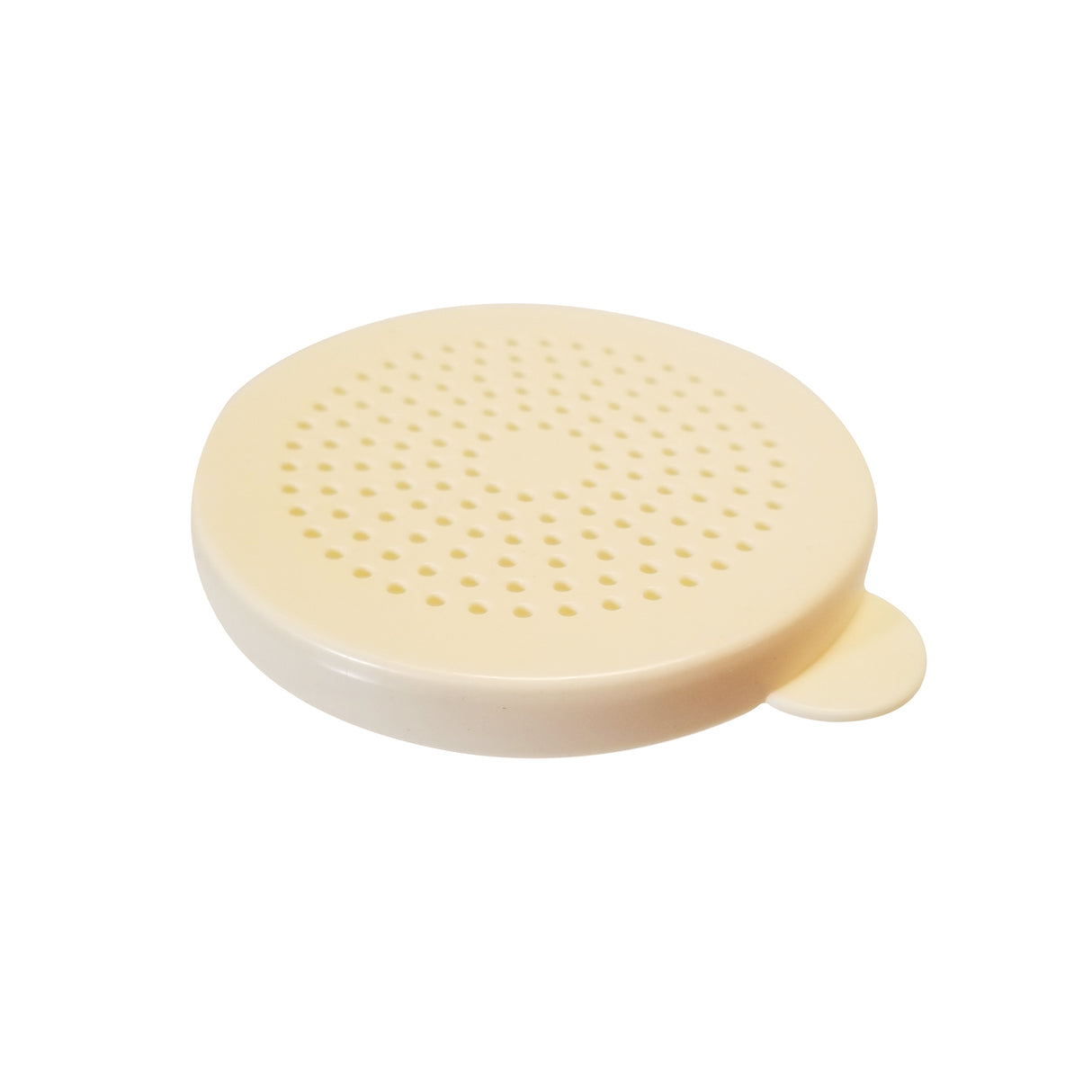 A round, off-white plastic replacement dredge lid with small holes evenly distributed across the surface, used for straining or draining. A small tab extends from one edge for easy lifting. Universal and dishwasher safe. Background is plain white.