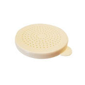 A round, off-white plastic replacement dredge lid with small holes evenly distributed across the surface, used for straining or draining. A small tab extends from one edge for easy lifting. Universal and dishwasher safe. Background is plain white.