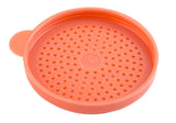 An orange, round plastic Replacement Dredge Lid with a flat rim and tab on one side. This universal lid features many small holes for straining liquids and is dishwasher safe. The background is plain white.