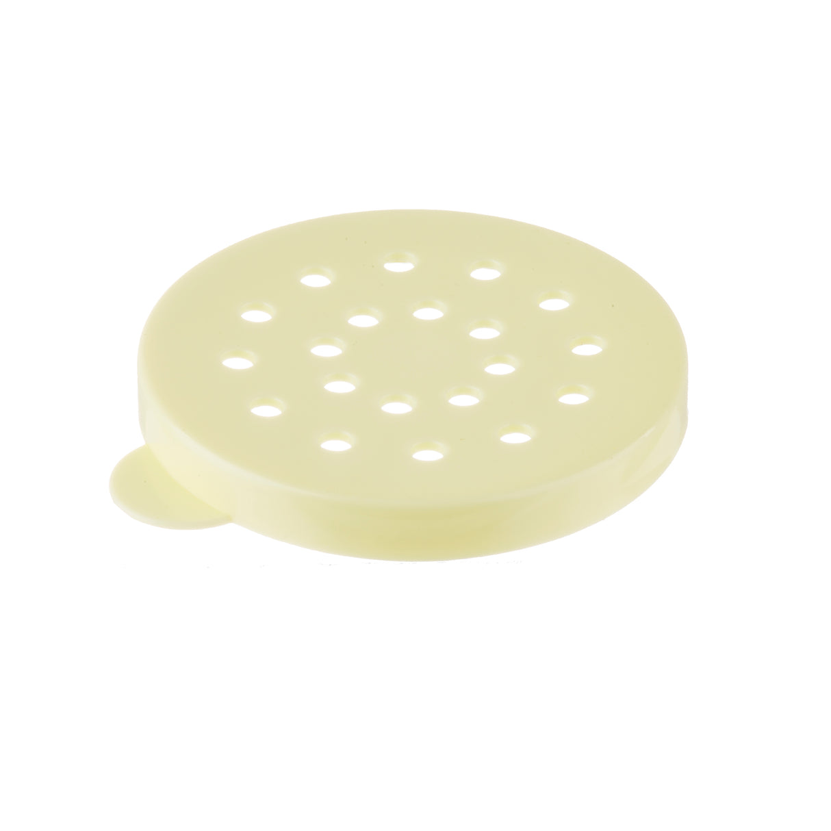 A round, flat, light yellow plastic object with multiple evenly spaced holes and a small tab on one edge, ideal as a Replacement Dredge Lid for cheese or spices. This item is dishwasher safe and photographed on a white background.