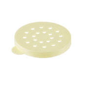 A round, flat, light yellow plastic object with multiple evenly spaced holes and a small tab on one edge, ideal as a Replacement Dredge Lid for cheese or spices. This item is dishwasher safe and photographed on a white background.
