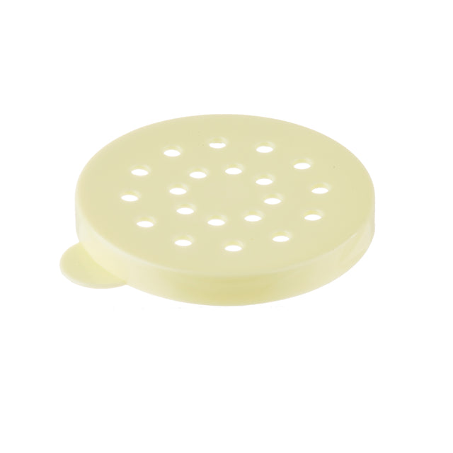 A round, flat, light yellow plastic object with multiple evenly spaced holes and a small tab on one edge, ideal as a Replacement Dredge Lid for cheese or spices. This item is dishwasher safe and photographed on a white background.