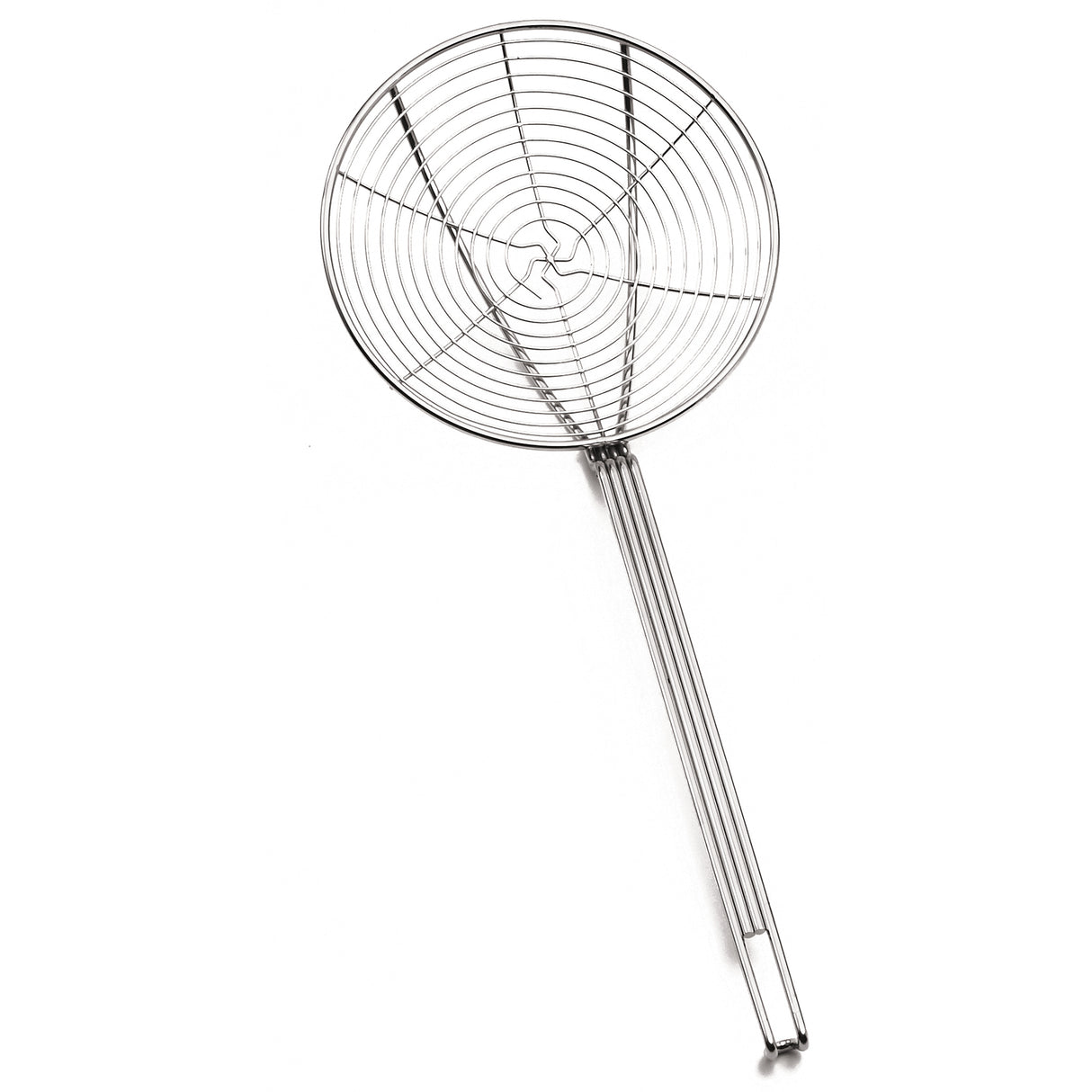 A stainless steel spiral wire skimmer with a circular, flat mesh basket and a long handle, used for straining or lifting food from hot liquids. The plain white background highlights the skimmer’s structure and metallic shine.