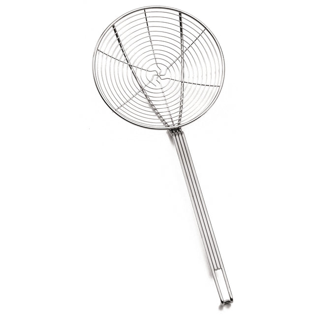 A stainless steel spiral wire skimmer with a circular, flat mesh basket and a long handle, used for straining or lifting food from hot liquids. The plain white background highlights the skimmer’s structure and metallic shine.
