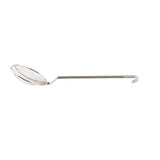 A long-handled stainless steel skimmer with a round, flat square mesh basket for straining or scooping food from hot liquids. The nickel plated handle has a small hook at the end for hanging. The background is plain white.