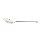 A long-handled stainless steel skimmer with a round, flat square mesh basket for straining or scooping food from hot liquids. The nickel plated handle has a small hook at the end for hanging. The background is plain white.