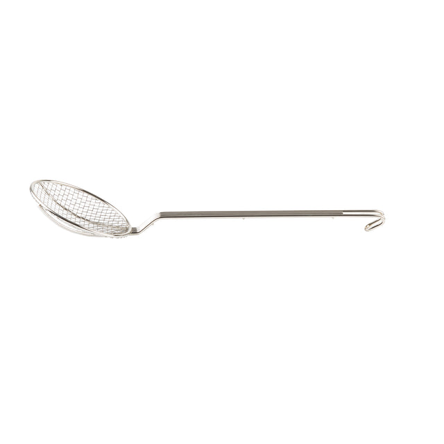 A long-handled stainless steel skimmer with a round, flat square mesh basket for straining or scooping food from hot liquids. The nickel plated handle has a small hook at the end for hanging. The background is plain white.