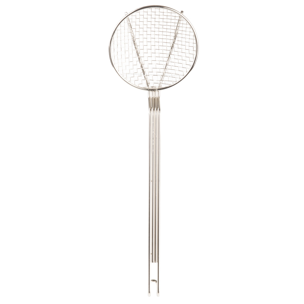 A nickel-plated spider skimmer featuring a wide, round square mesh head and a long, thin handle made of joined rods. Ideal for straining or lifting food from hot liquids with ease.