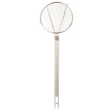 A nickel-plated spider skimmer featuring a wide, round square mesh head and a long, thin handle made of joined rods. Ideal for straining or lifting food from hot liquids with ease.
