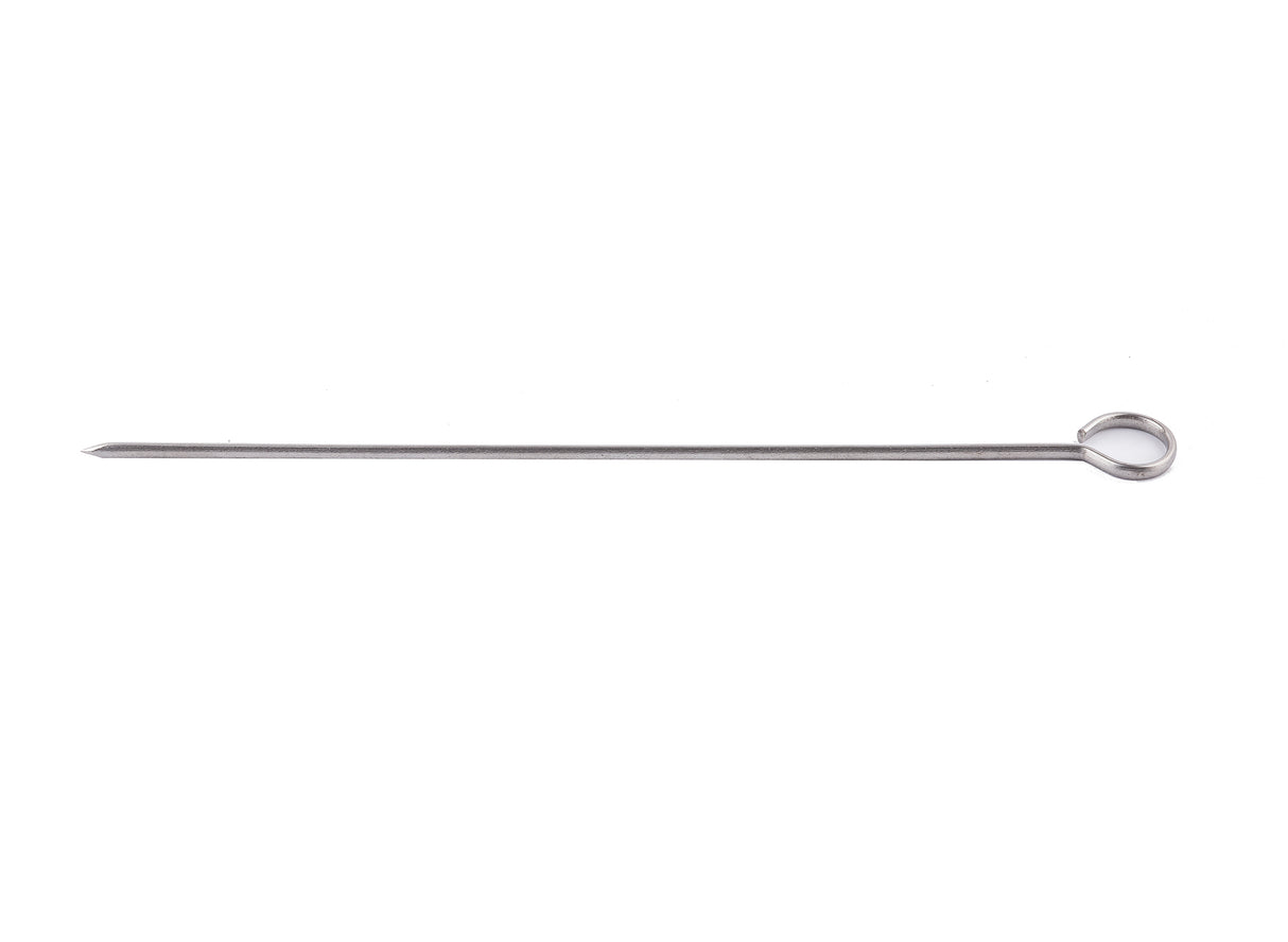 A single stainless steel skewer with a pointed tip on one end and a circular loop handle on the other, lying horizontally on a white background; it is also dishwasher safe for easy cleaning.