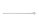 A single stainless steel skewer with a pointed tip on one end and a circular loop handle on the other, lying horizontally on a white background; it is also dishwasher safe for easy cleaning.