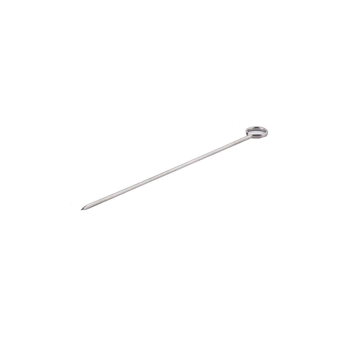 A single stainless steel skewer with a sharp pointed end and an oval loop handle, isolated on a white background. Thin, straight, and silver in color, it is typically used for cooking or grilling food and is dishwasher safe.
