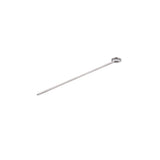 A single stainless steel skewer with a sharp pointed end and an oval loop handle, isolated on a white background. Thin, straight, and silver in color, it is typically used for cooking or grilling food and is dishwasher safe.