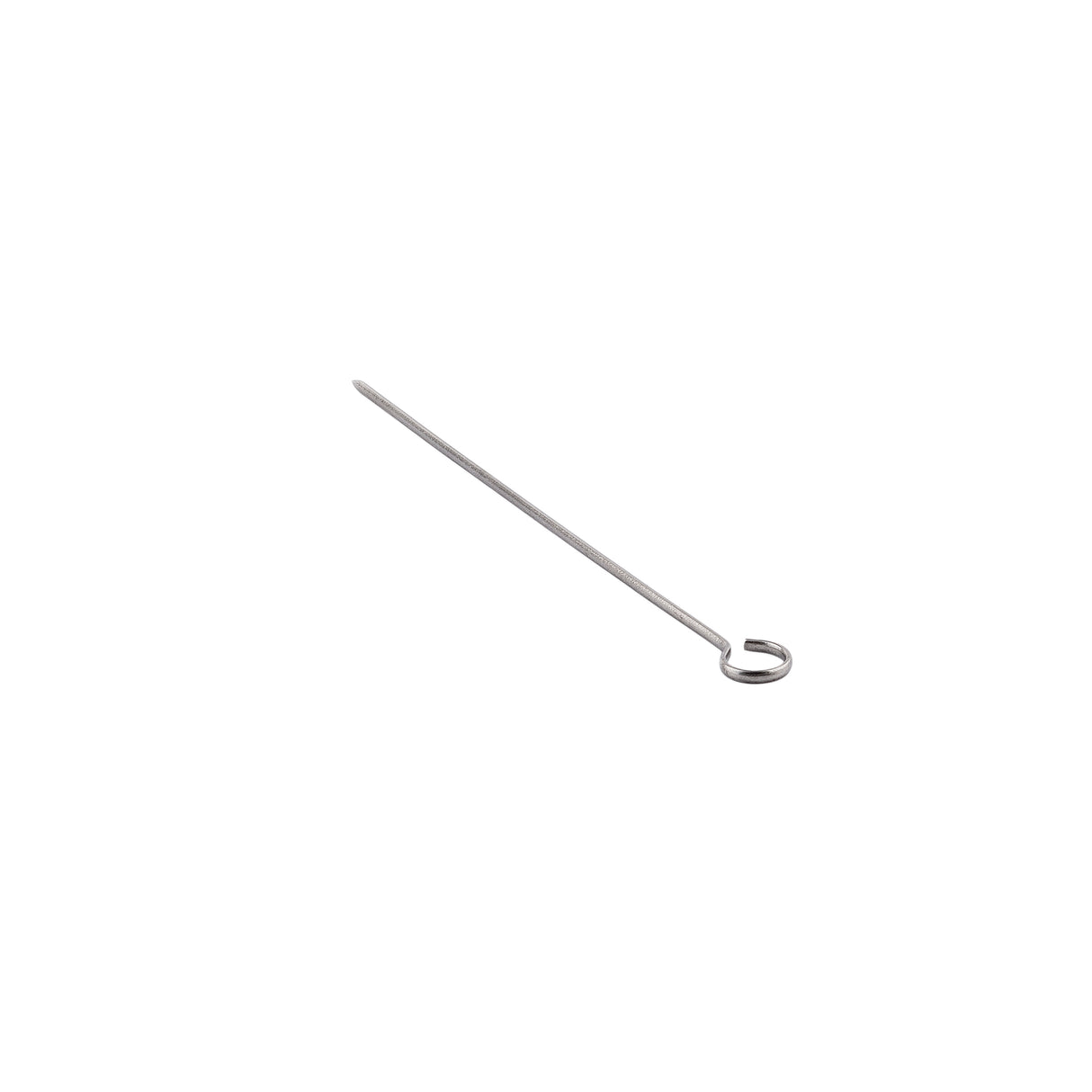 A single stainless steel skewer with a long, thin, straight shaft and a small, open loop at one end is shown against a plain white background. Simple in design, it is dishwasher safe for easy cleaning.