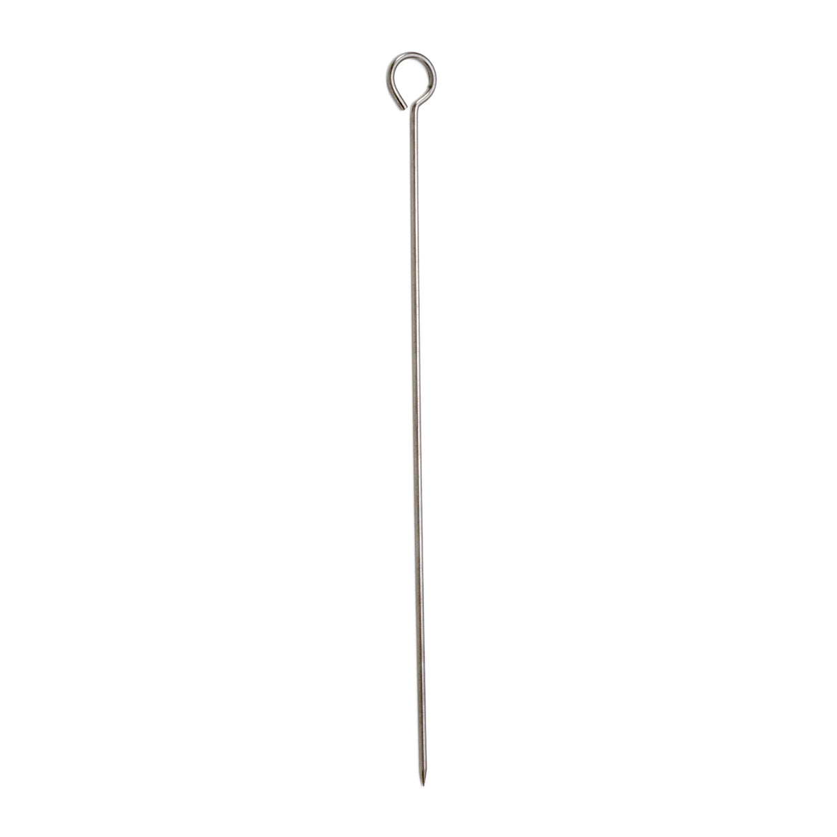 A long, thin stainless steel skewer with a pointed tip at one end and a small loop at the other, shown vertically on a plain white background. Durable and dishwasher safe for easy cleaning.
