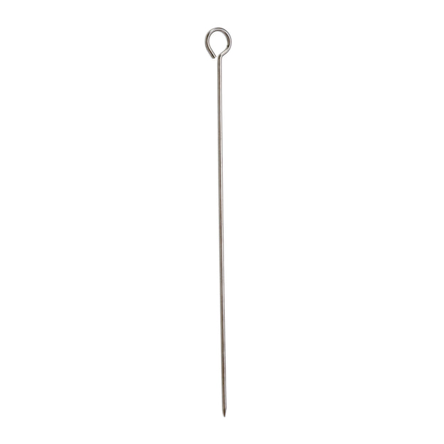 A long, thin stainless steel skewer with a pointed tip at one end and a small loop at the other, shown vertically on a plain white background. Durable and dishwasher safe for easy cleaning.