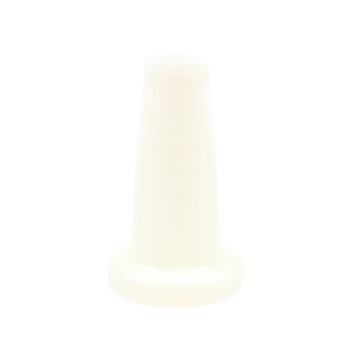 A translucent white plastic cone with a wide circular base and a narrower top, standing upright against a plain white background. This dishwasher safe Replacement Neck is designed to fit seamlessly with PourMaster containers. The surface is smooth and unmarked.