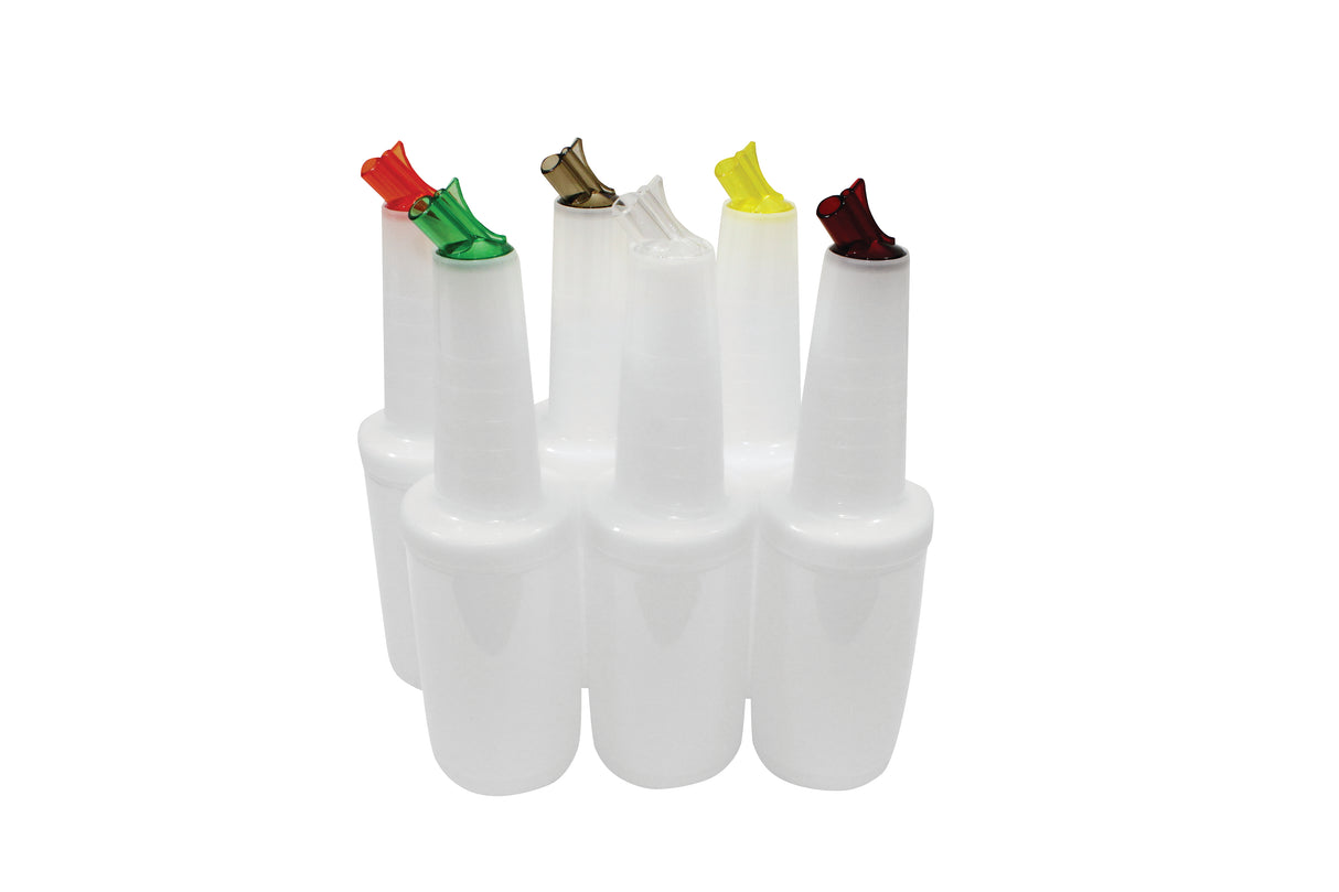 Six white PourMaster Complete Unit bottles with long necks and BPA free, color-coded pour spouts—red, green, yellow, brown, and two white—are arranged in a cluster on a white background. Each spout is closed and angled differently.