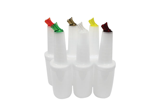Six white PourMaster Complete Unit bottles with long necks and BPA free, color-coded pour spouts—red, green, yellow, brown, and two white—are arranged in a cluster on a white background. Each spout is closed and angled differently.