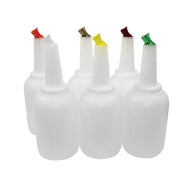 Six translucent plastic bottles—part of the PourMaster Complete Unit—are arranged in two rows. Each bottle features a long spout and colored pourer top. The plain white background highlights these cash & carry essentials.