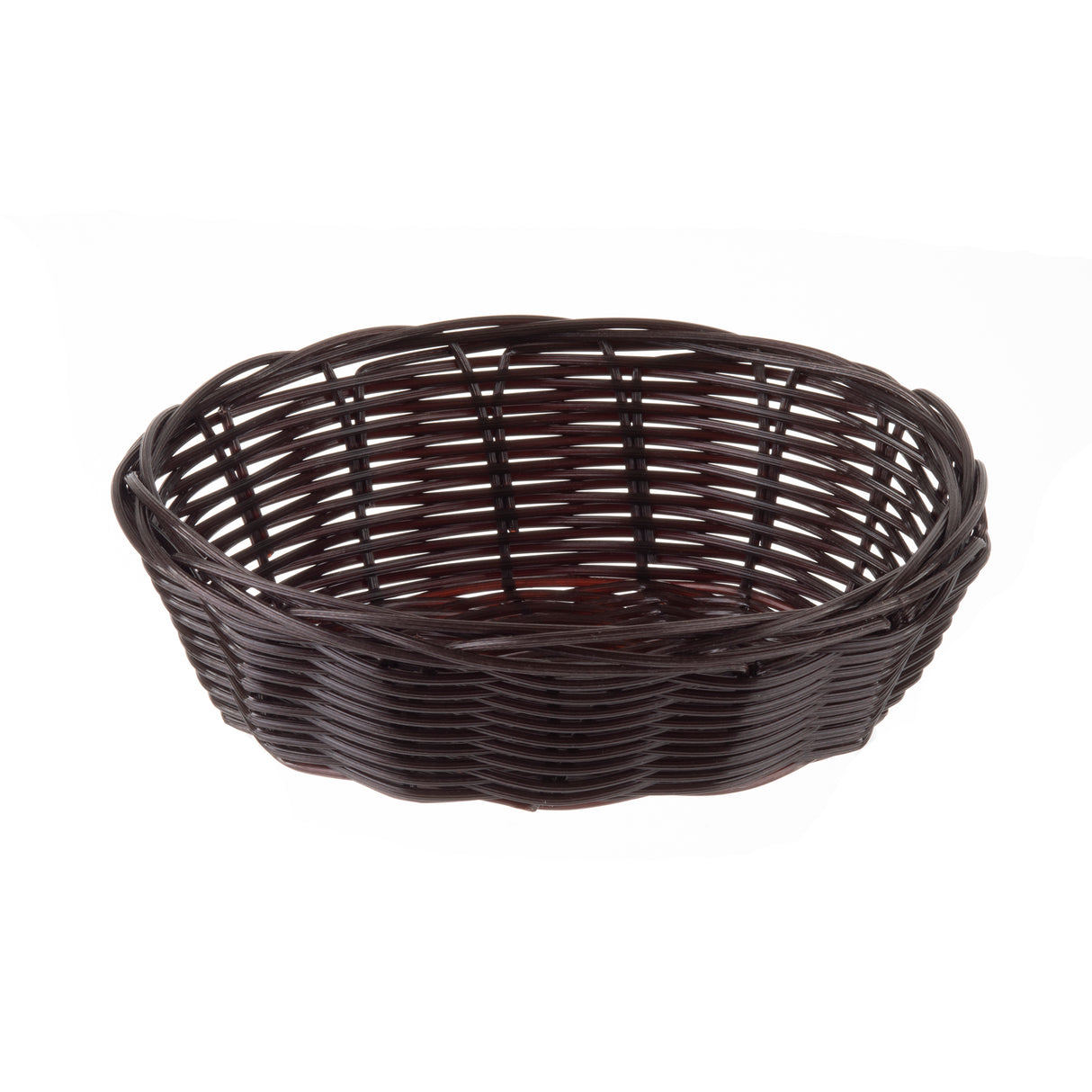 A round, empty, dark brown hand-woven Basket with a woven pattern and slightly flared rim, photographed on a white background. The basket’s texture and natural material are clearly visible.