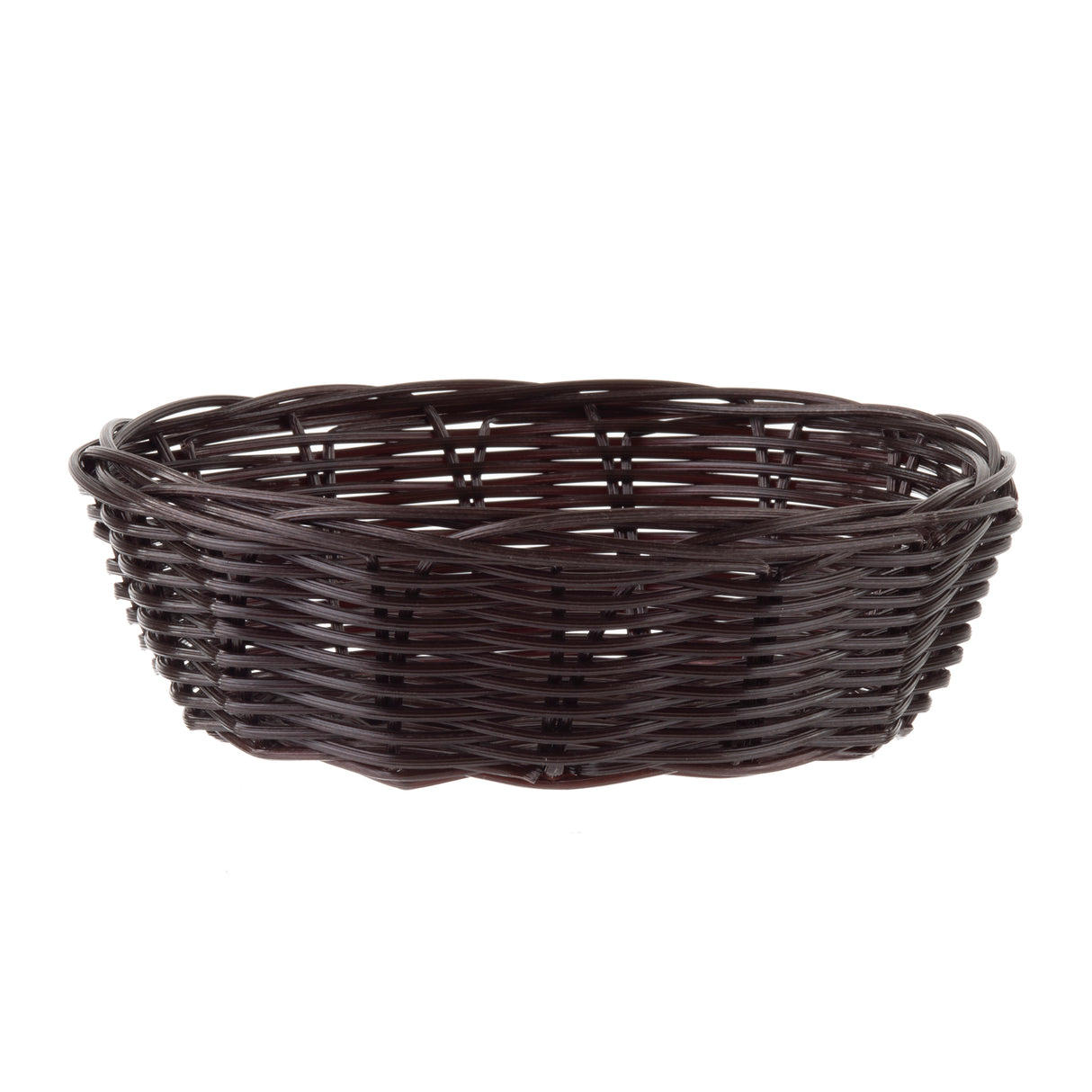A dark brown, round basket with an open top and woven pattern crafted from hand-woven polypropylene cord. The basket is empty, its sides gently flared outward against a plain white background, making it clearly visible.