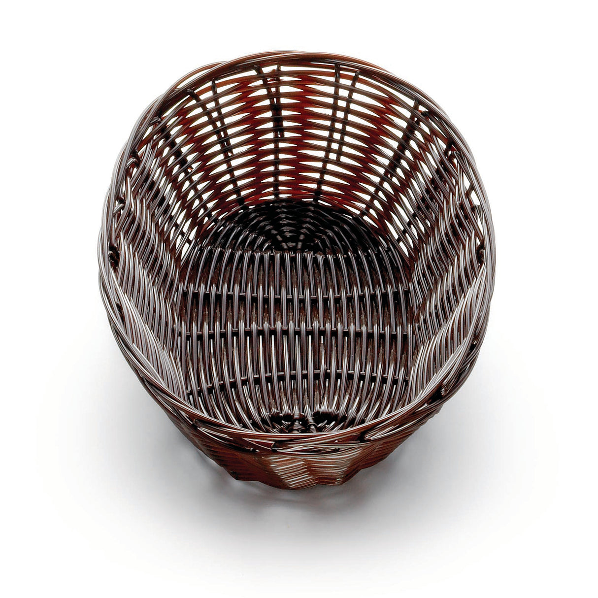 A round, empty basket with a dark brown finish is shown against a plain white background. Hand-woven with polypropylene cord, it features a tightly woven base and more open, evenly spaced weaving along the sides.
