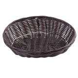 A round, shallow, dark brown hand-woven basket made from polypropylene cord, featuring an open weave pattern on the sides and a tighter weave on the base, shown empty against a white background.