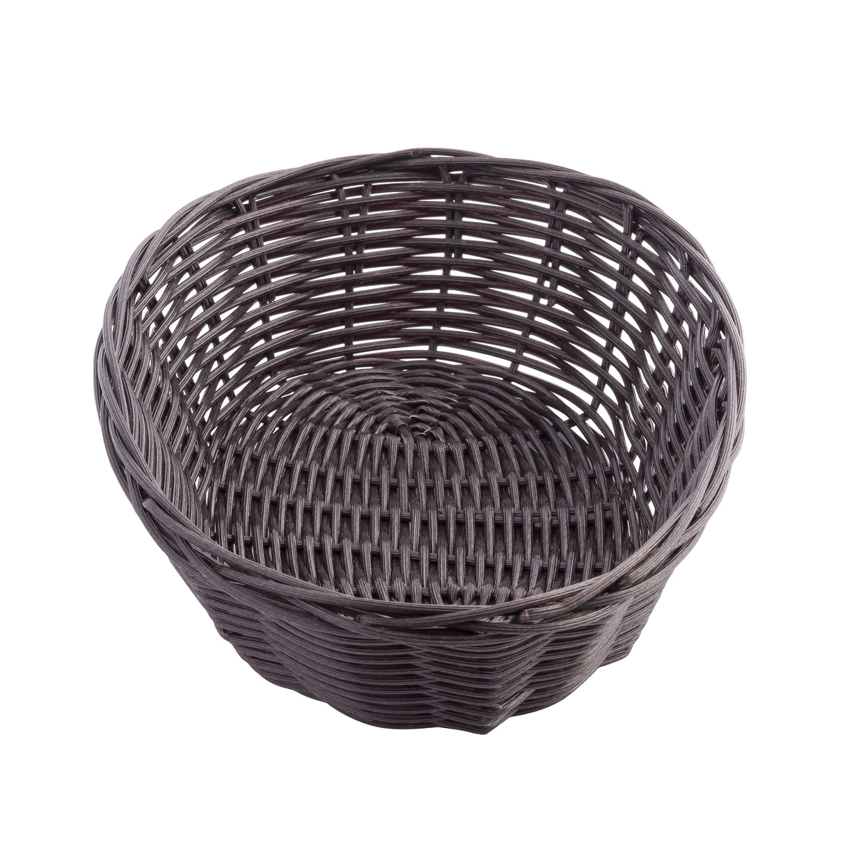 A round, empty, dark brown hand-woven basket crafted from durable polypropylene cord features a woven pattern and slightly flared sides, shown on a white background.
