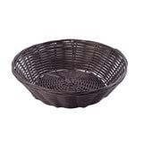 A round, shallow, dark brown hand-woven basket made from polypropylene cord, featuring an open weave pattern on the sides and a tightly woven base. The empty basket sits against a white background.