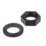 A black hexagonal nut with a threaded interior sits upright next to a round black washer with ridged surfaces, both placed on a white background—ideal as a replacement gasket for beverage dispensers.