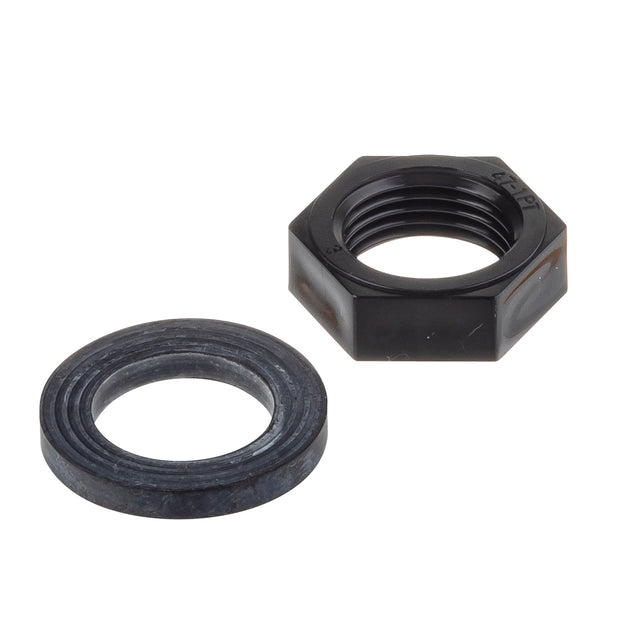A black hexagonal nut with a threaded interior sits upright next to a round black washer with ridged surfaces, both placed on a white background—ideal as a replacement gasket for beverage dispensers.