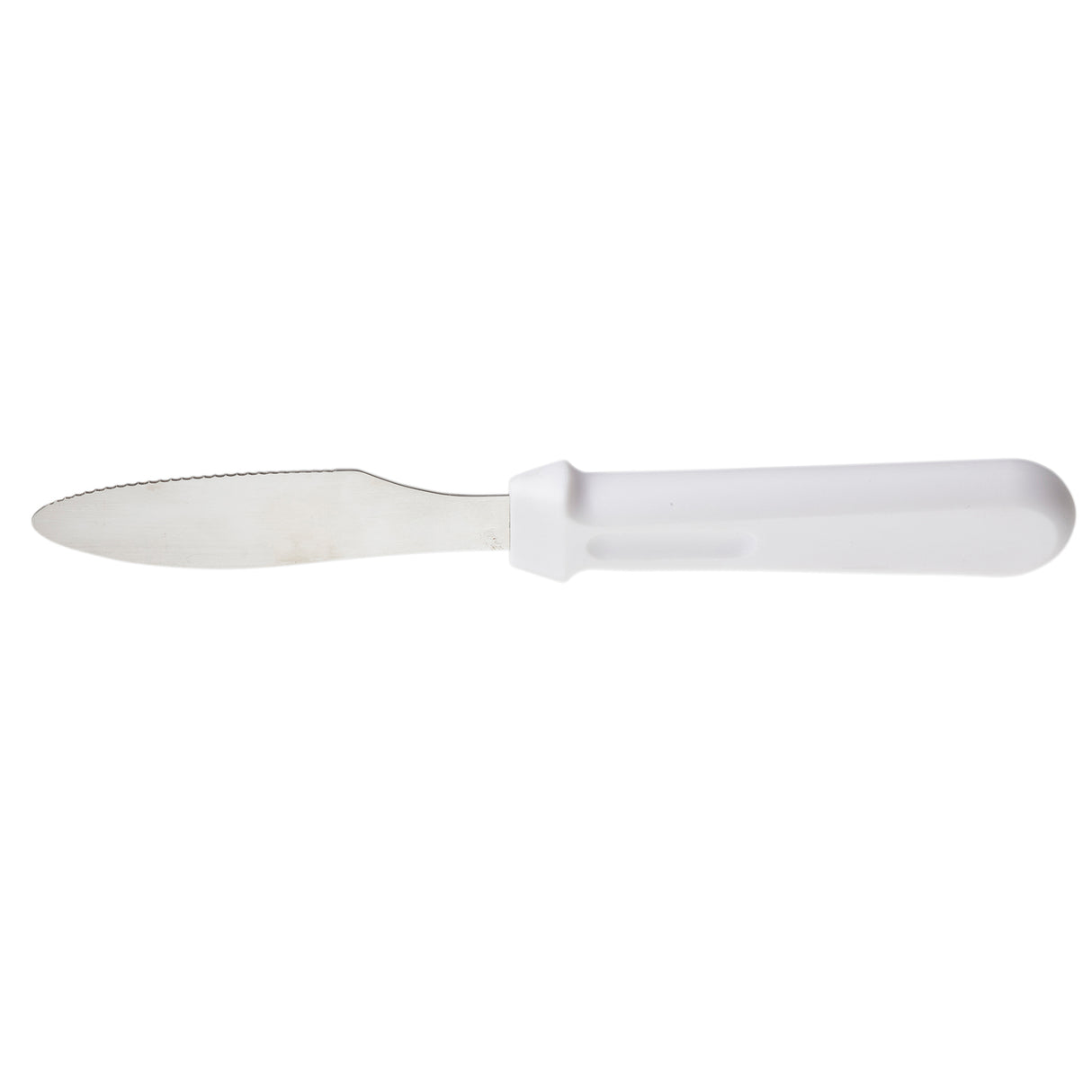 A TableCraft stainless steel sandwich spreader with a rounded, slightly serrated blade and a solid white plastic handle is shown on a plain white background.